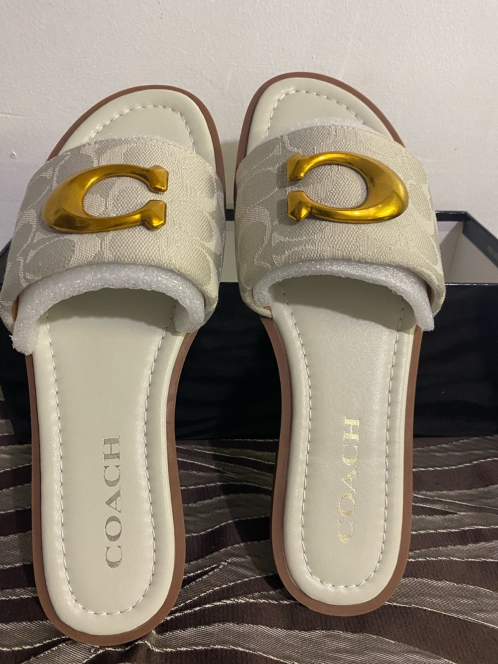 Coach Cream Logo Slide Sandals with Gold Accent - Picture 3 of 6